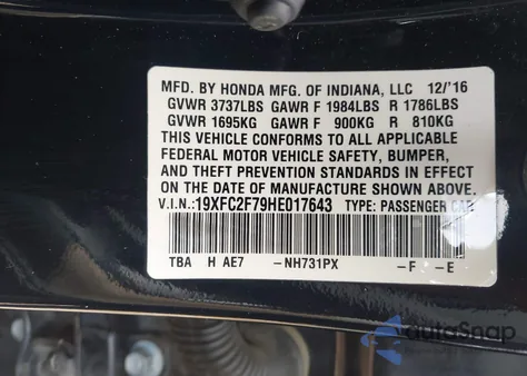 2017 Honda Civic Ex z USA, uszkodzony, nr VIN 19XFC2F79HE017643